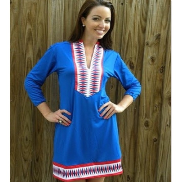 Tracy Negoshian Tunic Dress Blue Jersey Pockets Size L NWT Preppy USA Americana - Picture 2 of 10